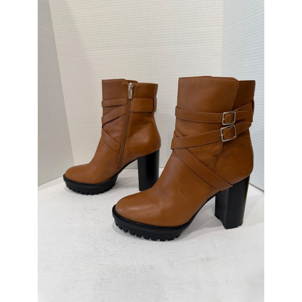 Vince Camuto Brown Buckle Strap Lug Sole Platform Block Heel Zip Ankle Boots 10M